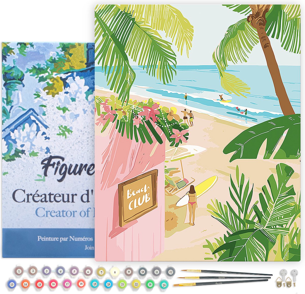 FiguredArt Schilderen op Nummer Volwassenen met lijst Strandclub- Handwerk acrylverf Kit DIY Compleet - 40x50cm Canvas al ingelijst